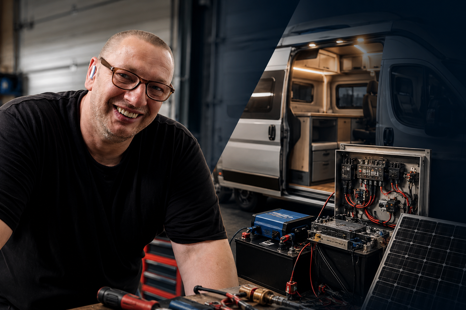 Technicus in de werkplaats naast een camper met elektrische verdeelkast, accu en zonnepaneel