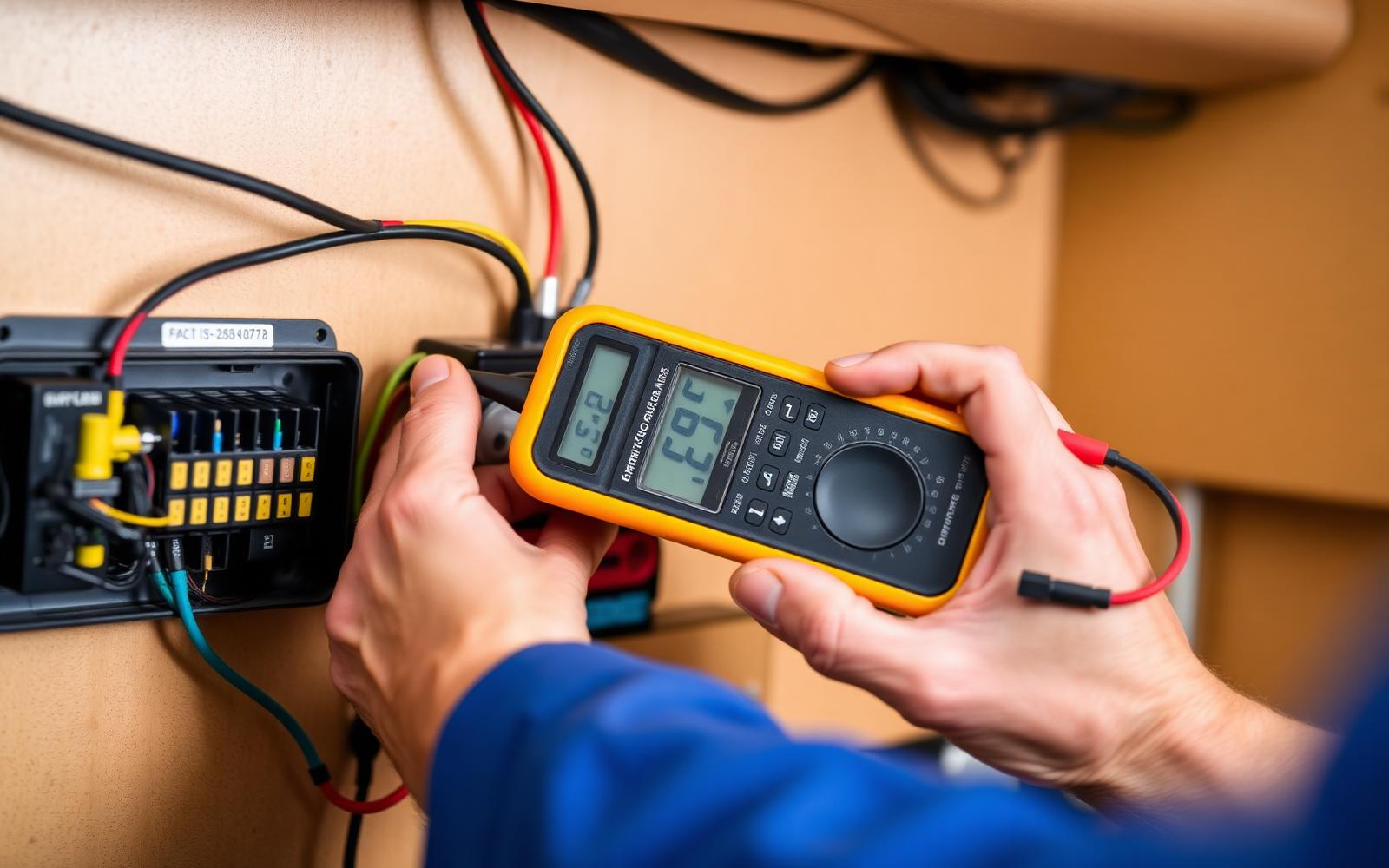Multimeter meting aan de bekabeling en zekeringkast van een camper